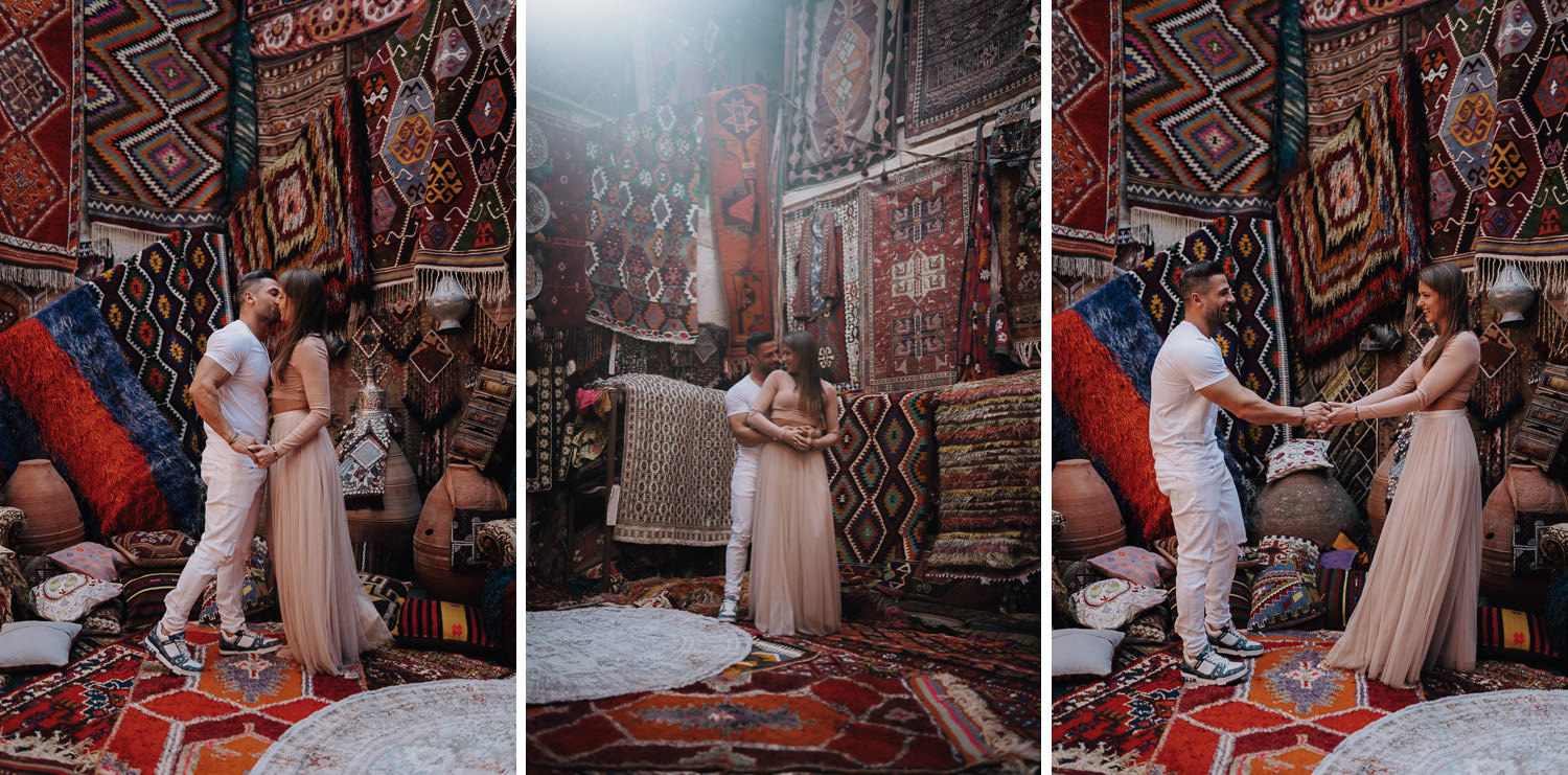 Triptychon von einem Paar das in einem türkischen Teppichladen in Kappadokien tanzt.