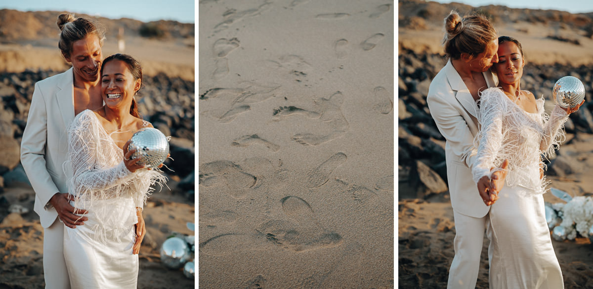 Ein Triptychon von einem Brautpaar im Disko-Hochzeitsstil am Strand von Fuerteventura.