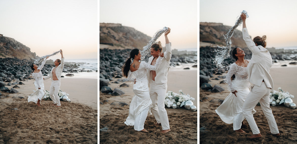 Ein Triptychon von einem Brautpaar im Disko-Hochzeitsstil am Strand von Fuerteventura.