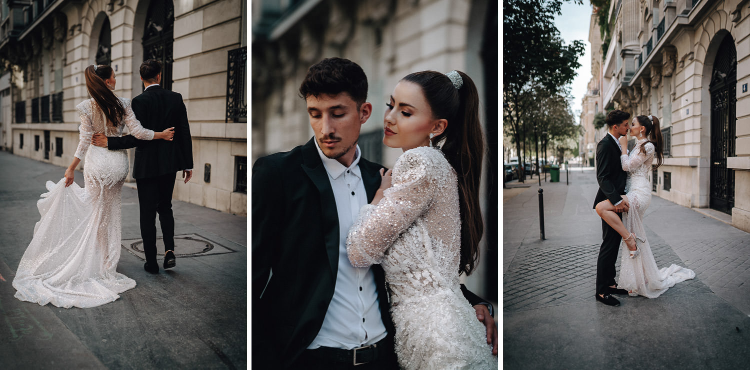 Triptychon von einem Brautpaar das in Couture Kleidung durch die Straßen von Paris schlendert.