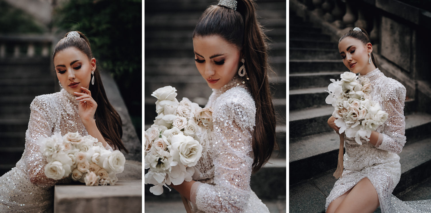 Triptychon einer Braut in Couture Kleidung.